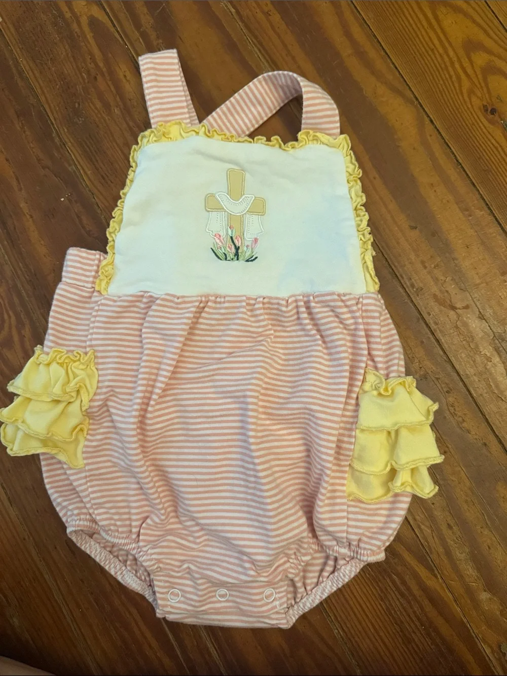 Baby Girl Pink Stripe Cross Appliqué Romper with Yellow Ruffle